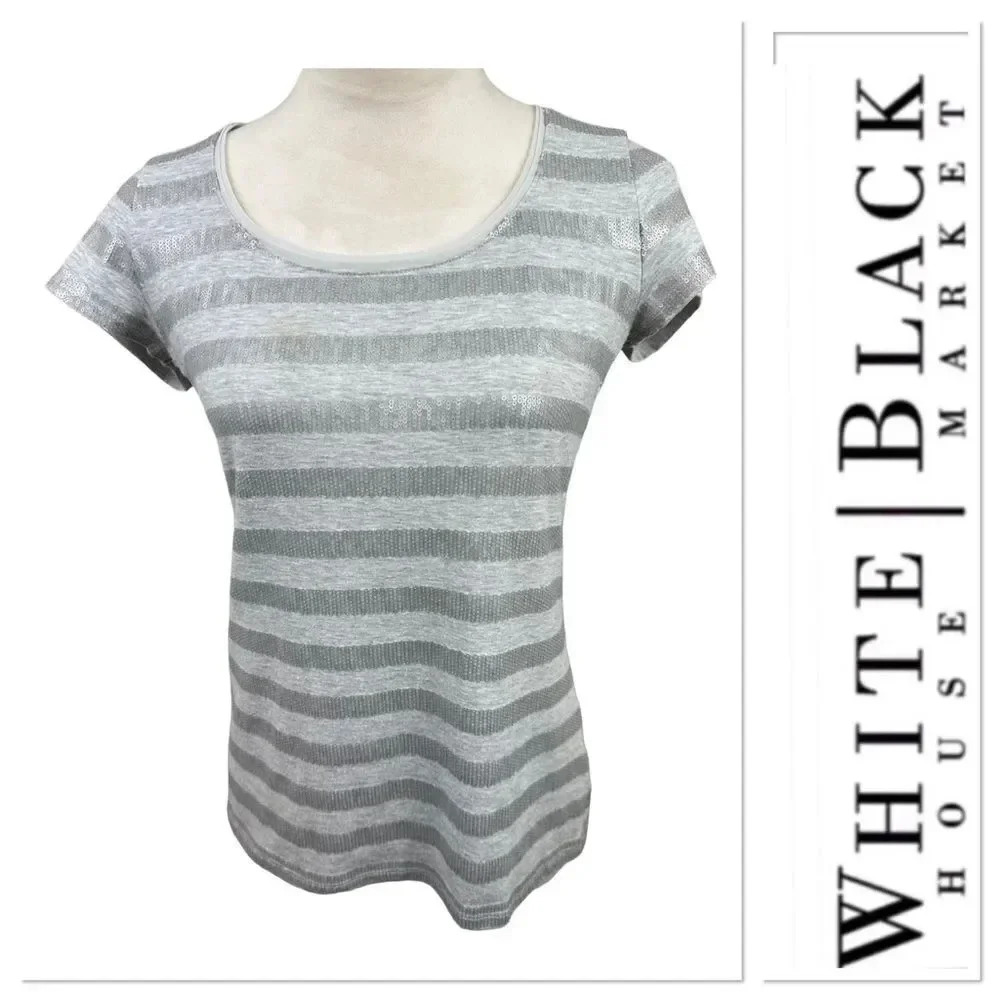 ✅ 3 for $15 ✅ White House Black Market gray top with silver stripes size small